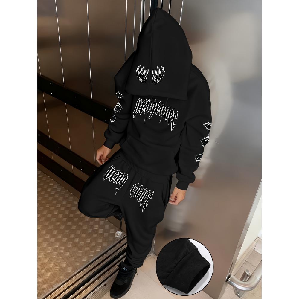 

Men s Casual Set 2 Piece Printed Drawstring Pocket Hoodie and Sports Drawstring Pants Set, a Must Have for Fashionable Men XXL чорний
