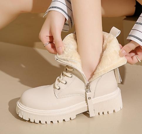 Women Platform Boots Short Plush Solid Color Lace Up Side Zipper Ankle Boots Winter Women Shoes 2026 Large Size 42 Ladies' Shoes