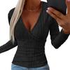 Women Knitwear Autumn Solid Color Tops Deep V-neck Sweater Long Sleeve Blouse Elegant Slim Fit Buttons Decor Ribbed Pullover Tops