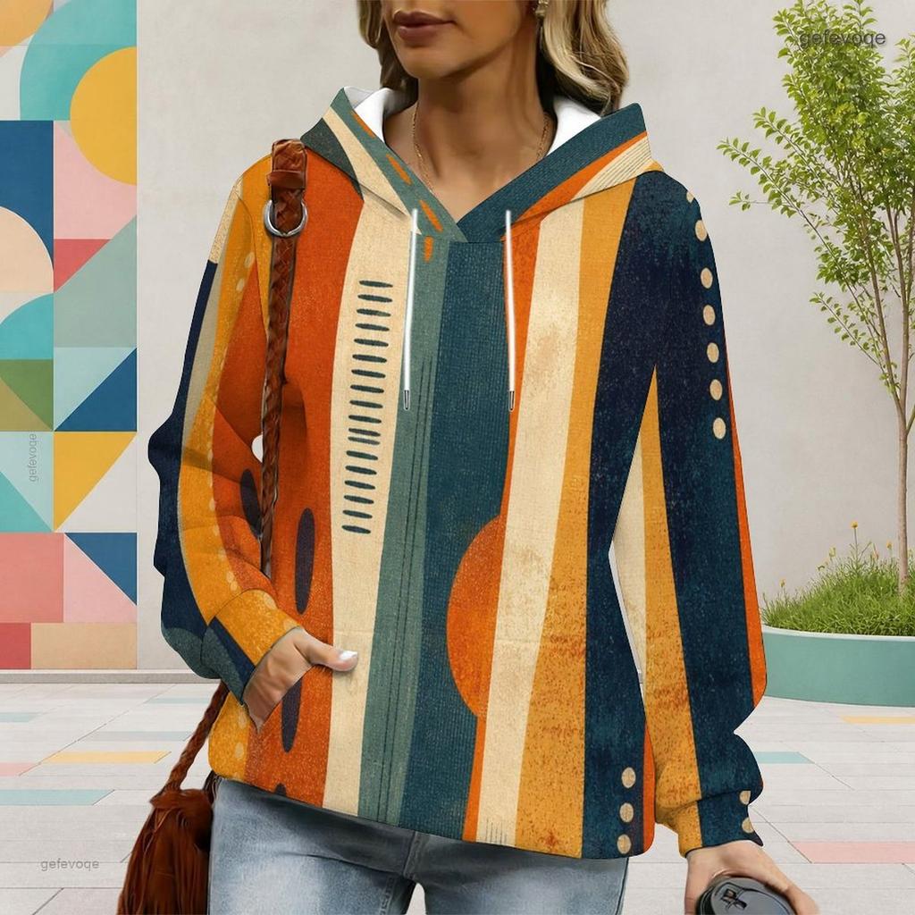 Kadın Plus Beden Uzun Kollu İpli Kapüşonlu Sweatshirt Soyut Baskılı Kanguru Cepli Pullover