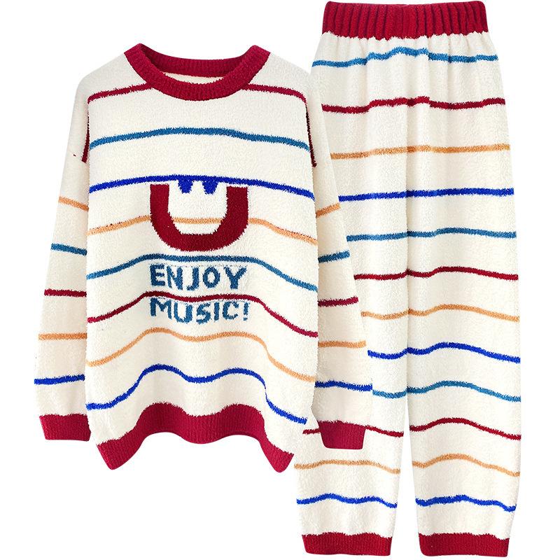 Pigiama da donna autunnale e invernale morbido ispessito caldo a maniche lunghe in maglia pile pile colorato a righe abbigliamento da casa