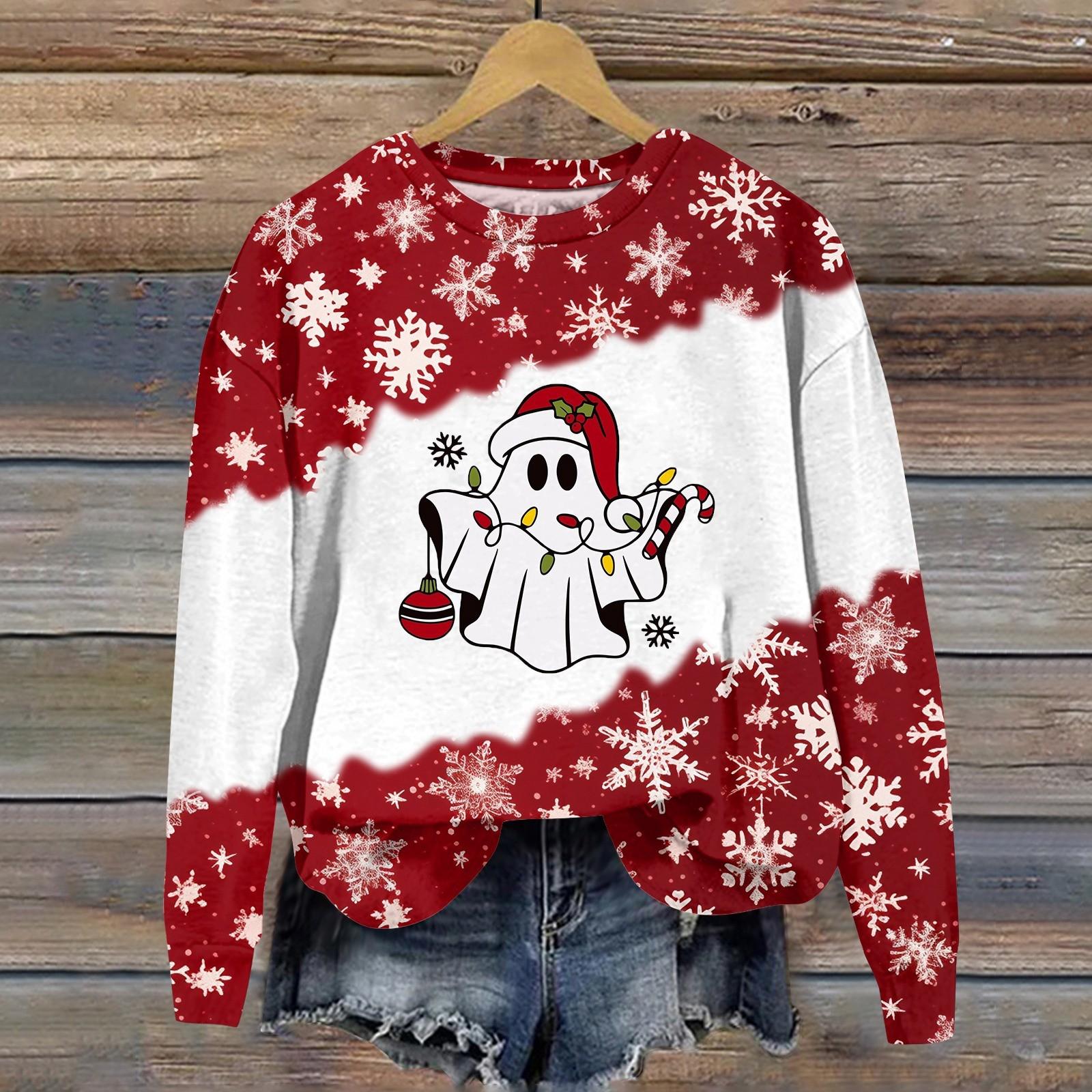 Женская мода рождественский принт длинный рукав свободный круглый вырез толстовка — фото 7