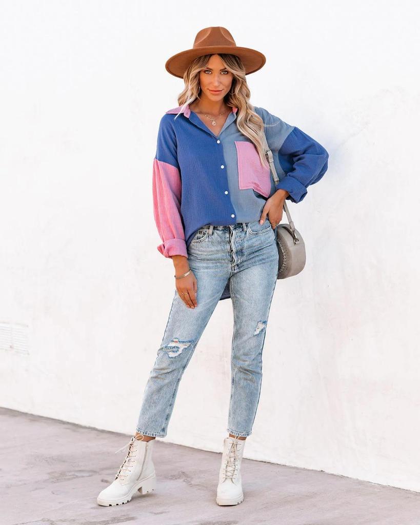 European & American Style Women's Color Block Patchwork Drop Shoulder Long Sleeve Shirt