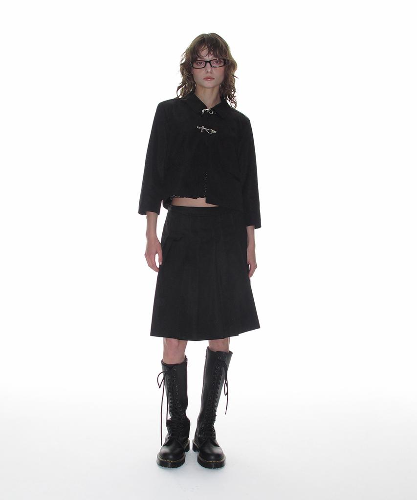 Crank Paired Pleated Midi Skirt_Black