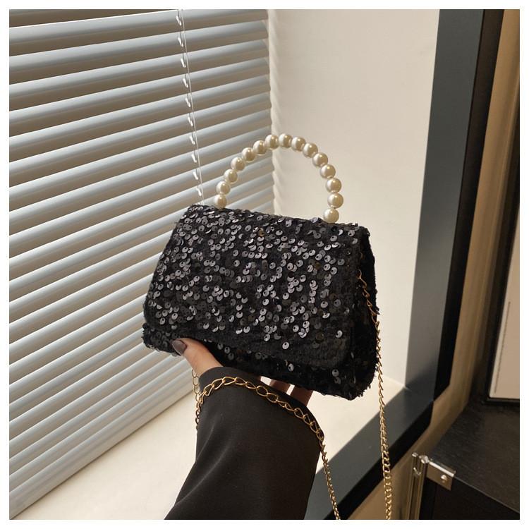 Stylish Sequined Handheld Small Square Bag 2024 Trendy Chain Shoulder Bag For Casual Use