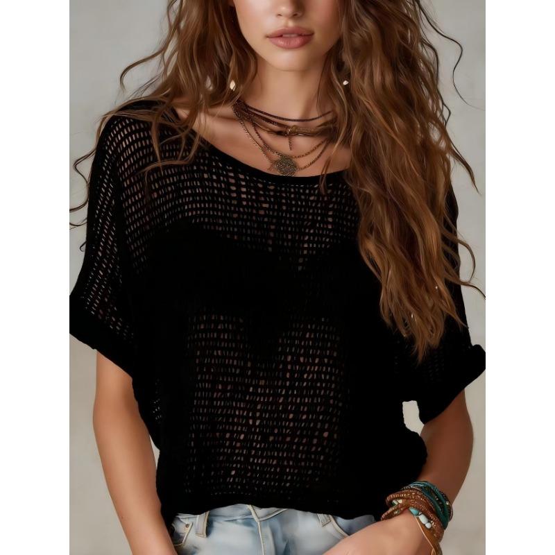 Womens Bohemian Crochet Knit Solid Color Short Sleeve Sweater S чёрный