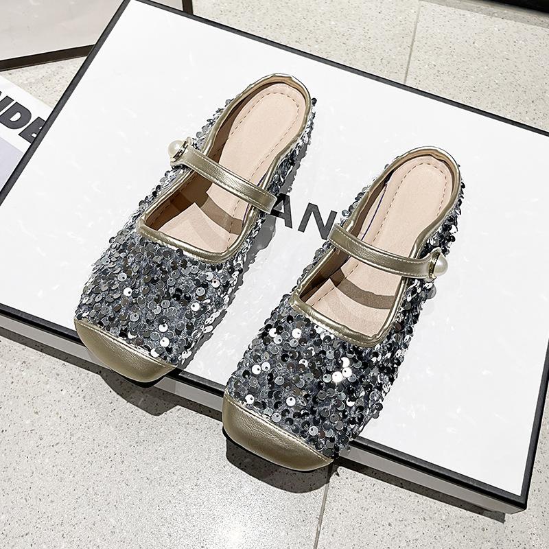 Fashion Glitter Slides Shoes Woman 2024 Slippers Flat Low Female Mule Pantofle Cover Toe Jelly Mules New PU Bling Crystal Rubber Rome Ho