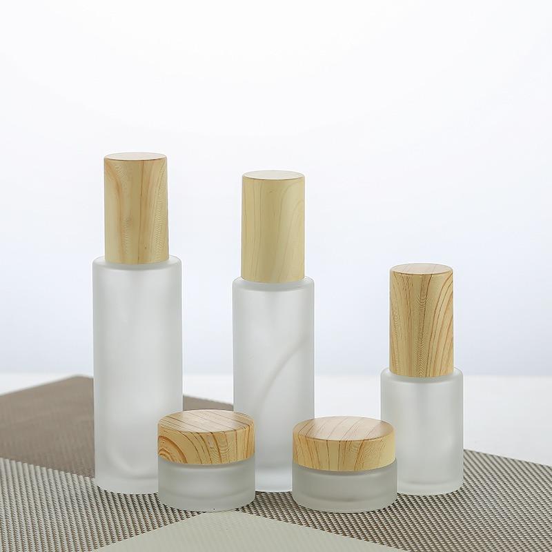 Frosted Glass Cosmetic Bottle Set: Wood Grain Lid Lotion, Press, Spray, Face Cream, Travel Refillable Empty Bottles