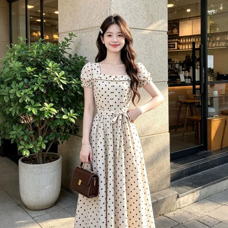 Large Size Fat Mm Bubble Sleeve Polka Dot Dress Women's Summer Dress Seaside Vacation Long Skirt
