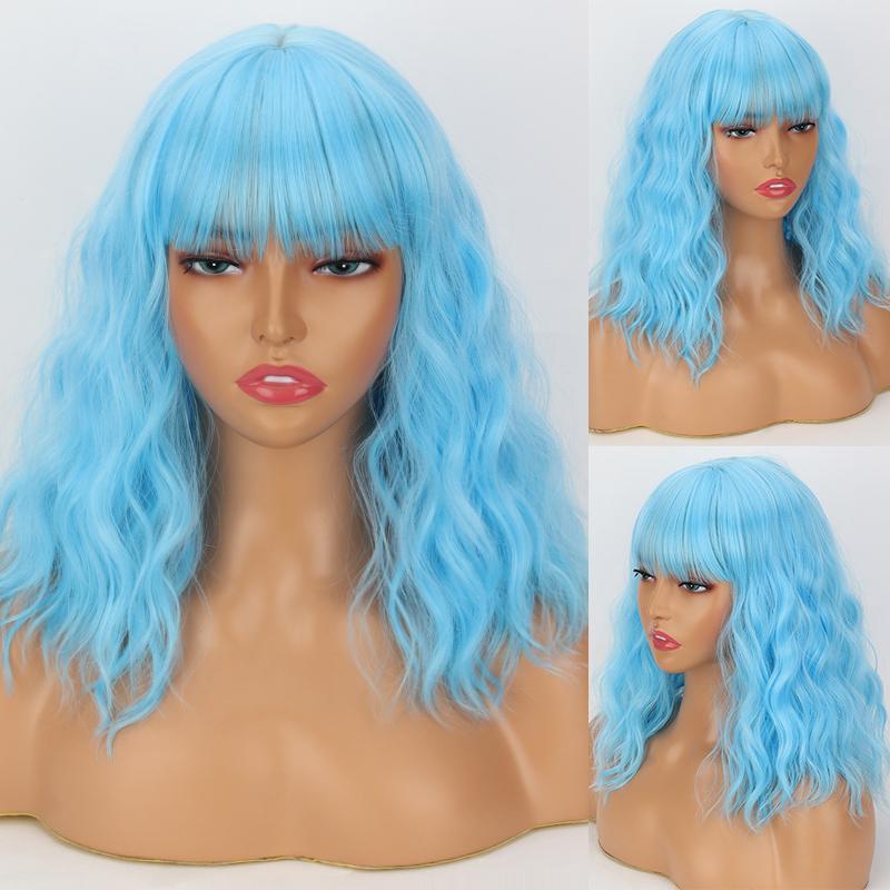 XINRAN Dark Purple Women Fashion Shoulder Length Wavy Bob Wig with Bangs Synthetic Fiber Daily Wear Cosplay Short Wavy Wig