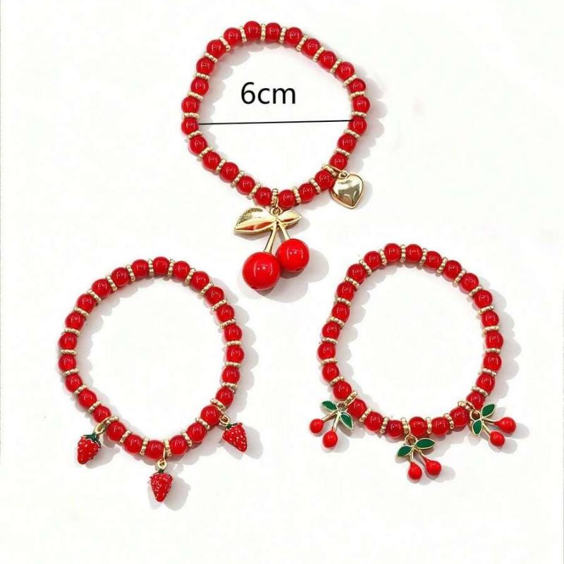 4 Pcs Versatile Red ABS Bead & Cherry Drop Oil Pendant Bracelet Set, Suitable For Women's Everyday And Vacation Outfits