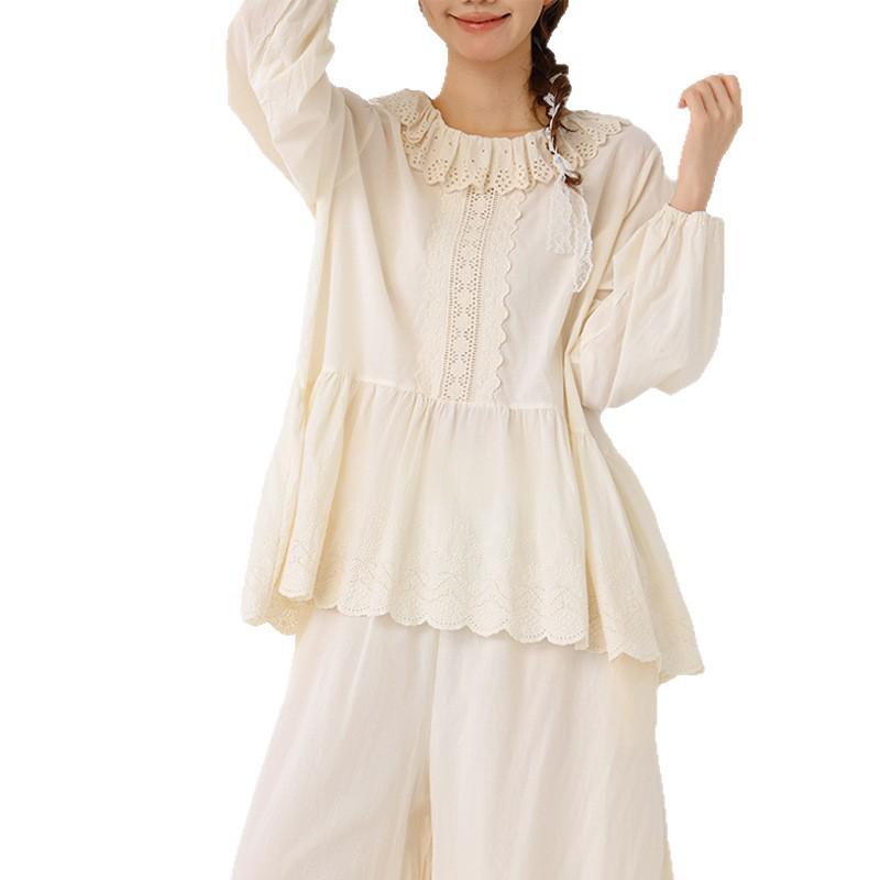 2026 New Style Women's Pure Cotton Long Sleeve Doll Shirt with Lace Collar and Heavy Embroidery