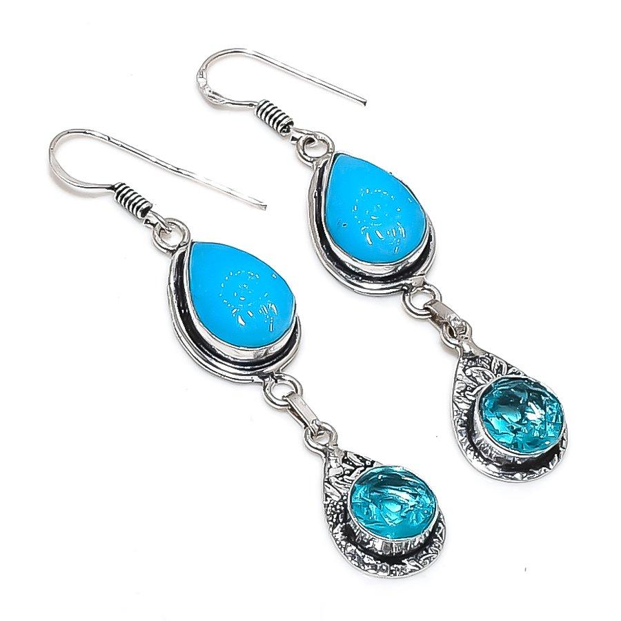 Natural Blue Chalcedony, Topaz 925 Sterling Silver Jewelry Earring 2.60" K7R80
