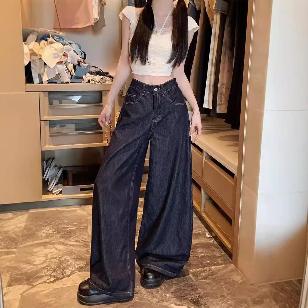 Retro Fashion Spice Washed Wide Leg Women Jeans High Waist Loose Straight Pants Draped Drag Pants