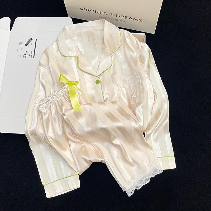 Pyjamas Damen Seiden-Langarmpyjamas Pyjama-Anzug mit Blumendruck Hochwertige Eisseide Kann Draußen Als Pyjama Für Zu Hause Getragen Werden