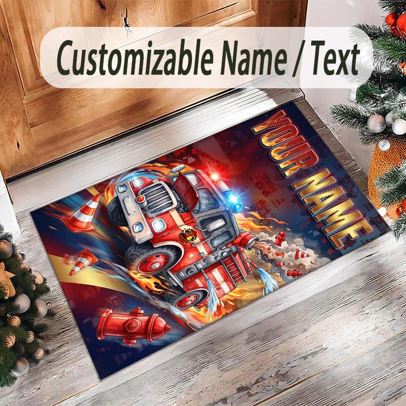 Fire Truck Theme Crystal Velvet Rug Personalized Custom Name Text Soft Floor Mat Home Decor