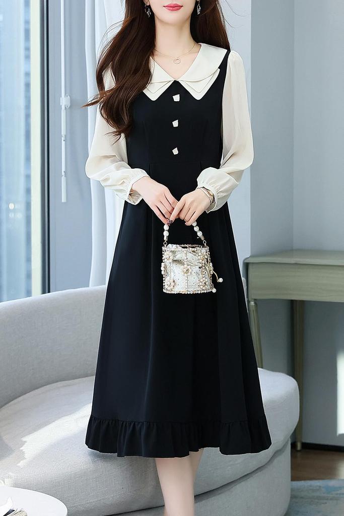 Chubikime Long Sleeve Dress with and Design for a and Feminine Look Women's Midi-Length Flare, Collar, A-Line Slimming, Stylish,
