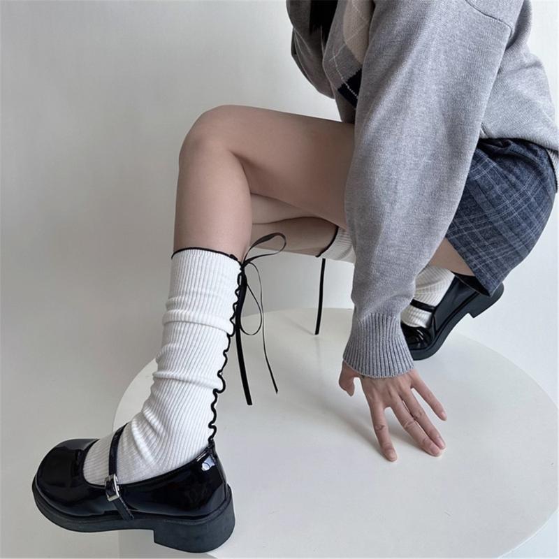 Japanese Style Fashion Middle Tube Calf Socks Women JK Girl Cute Bandage Bowknot Ruffke Trim Cotton Long Socks Stockings