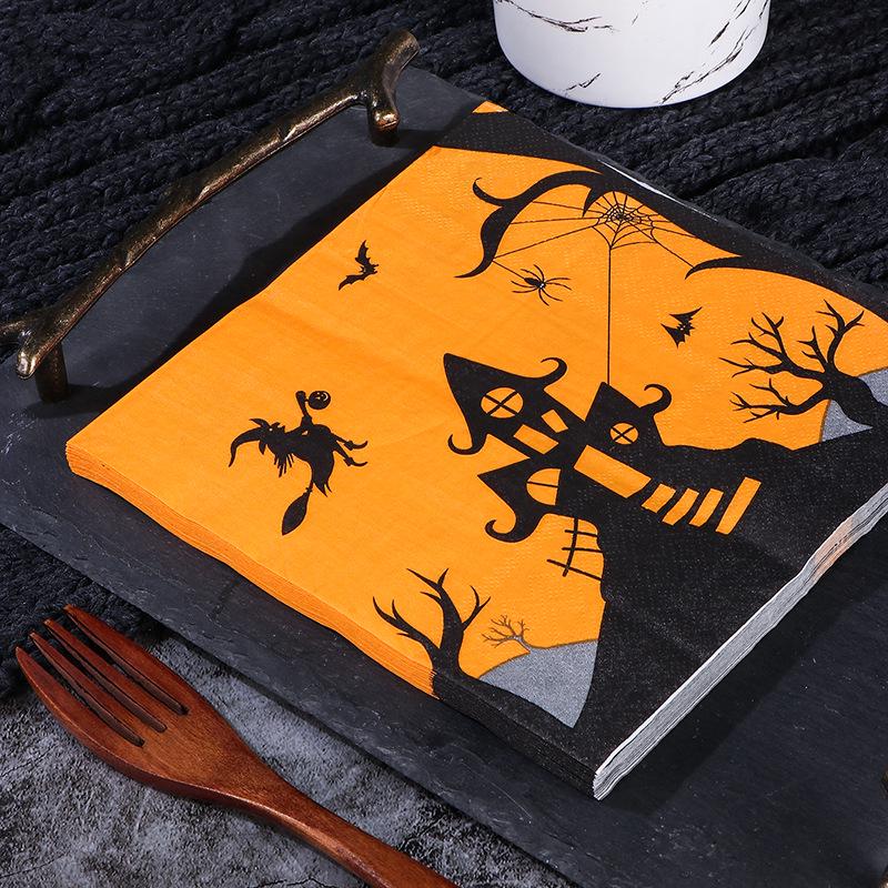 Haunted House Halloween Napkins: Orange & Black, Square, Witch & Cat Design