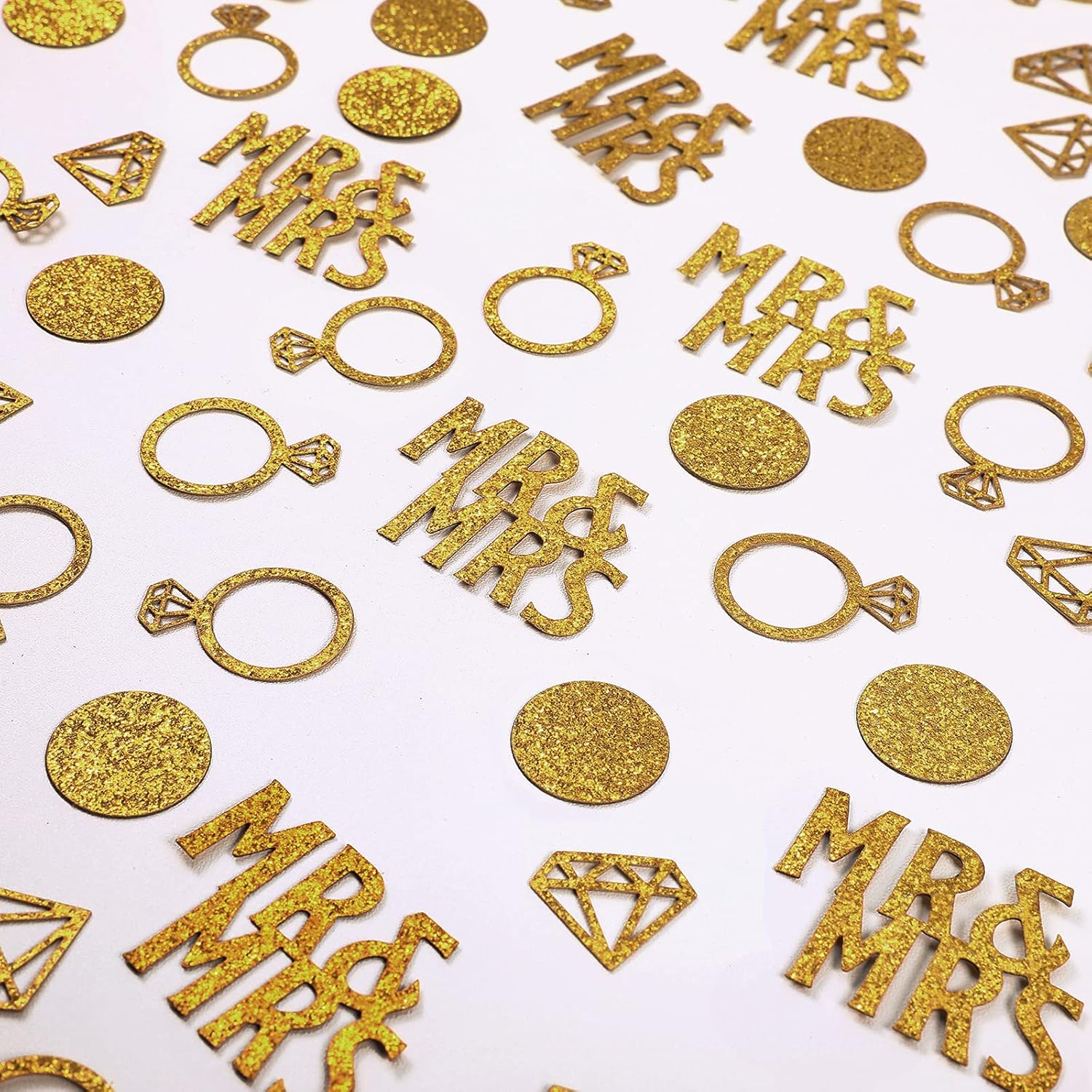 220 Pieces Gold Wedding Table Confetti, Paper Mr and Mrs Gold Diamond Ring Circle Dots Diamond Glitter Confetti for Marriage Ceremony Anniversary