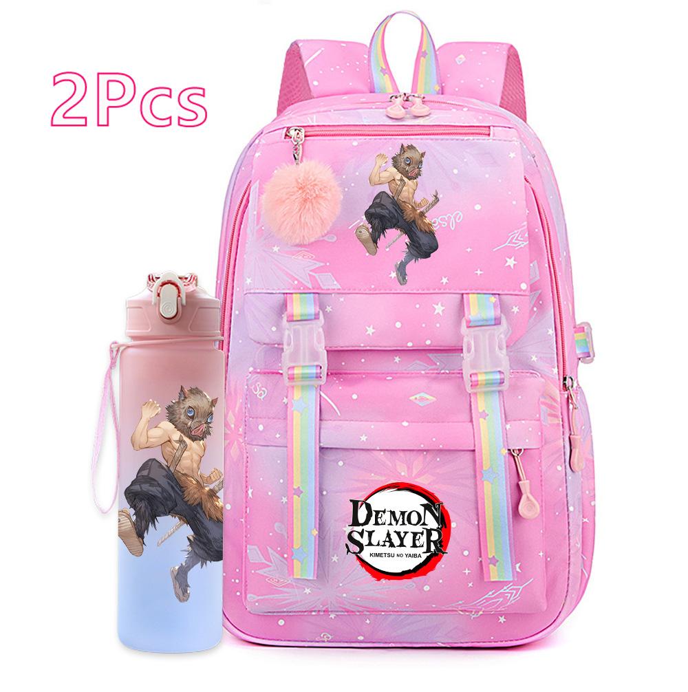 2Pcs/set Anime Cartoon Demon Slayer Printed Backpack with 750Ml Water Bottler for Teenager Bookbag Large Capacity Waterproof Travel Bag Gift