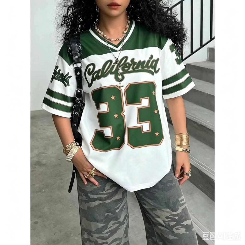 Sommer Damen Lässig Persönlichkeit Nummer & Buchstaben Druck Fußball T-Shirt Mode V-Ausschnitt Locker Komfort Atmungsaktiv Oberteile Tee Y2K