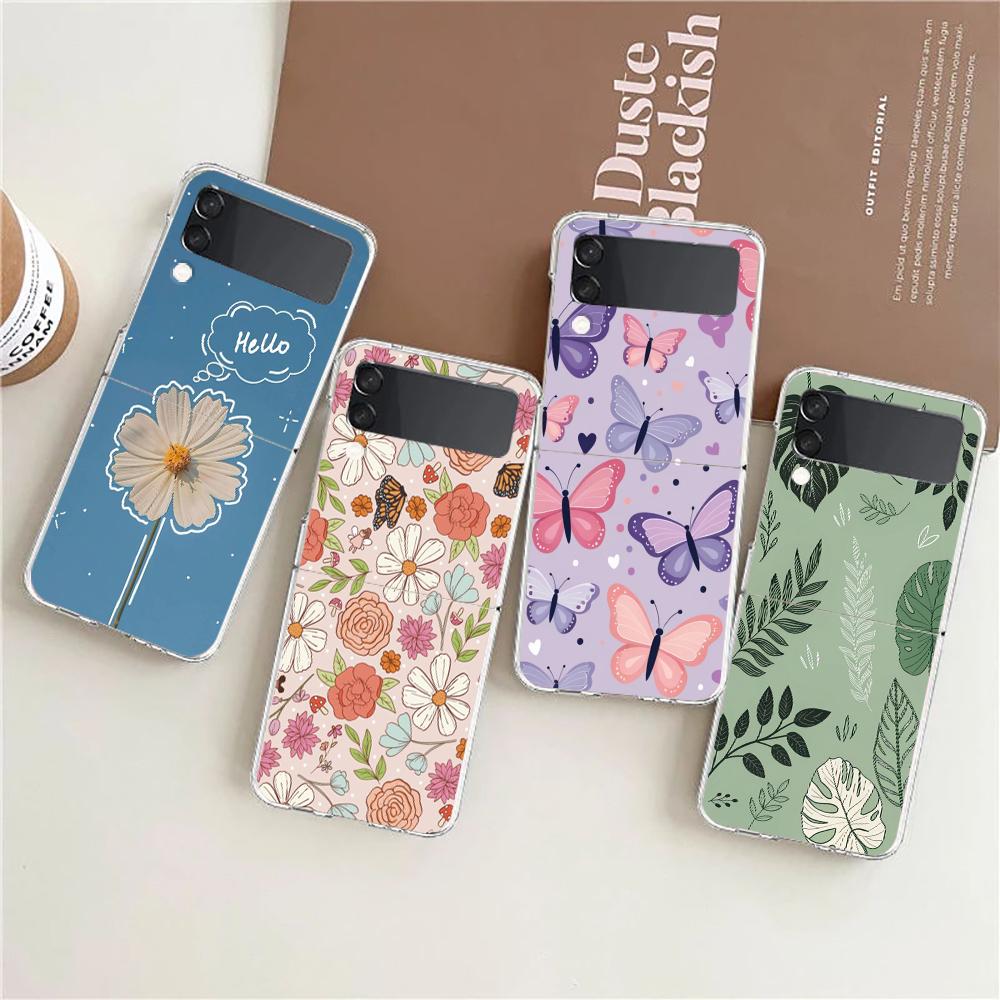 Transparent Phone Case For Samsung Galaxy Z Flip 3 4 5 6 7 Hard Folding PC Z Flip3 Flip4 Cover Stylish Flower Patterned Design