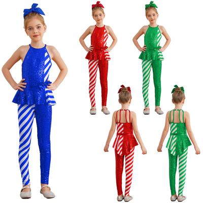 Mädchen Festlicher Weihnachts-Jumpsuit Ärmellos Offener Rücken Hohe Taille Peplum-Design Streifen Pailletten Zuckerstangen-Kostüm