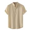 Men's Summer Casual Fashion Solid Color Cotton Linen Top Stand Collar Short Sleeve Shirt