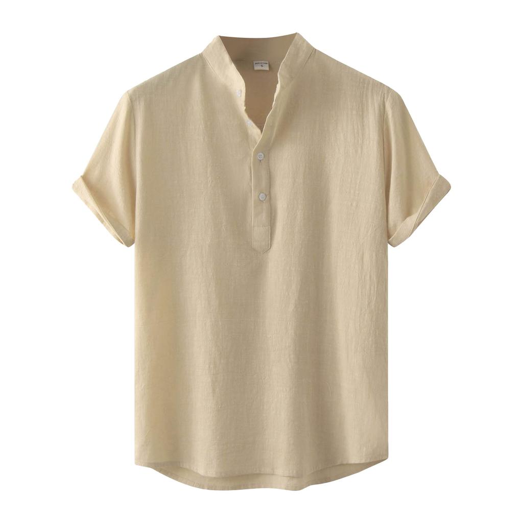 Men's Summer Casual Fashion Solid Color Cotton Linen Top Stand Collar Short Sleeve Shirt