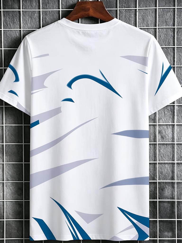 Men'S Digital Print T-Shirt, White Blue Gray Contrast Geometric Line Print Men'S Athletic Trendy Short Sleeve T-Shirt, Abstract Line Decor with Black