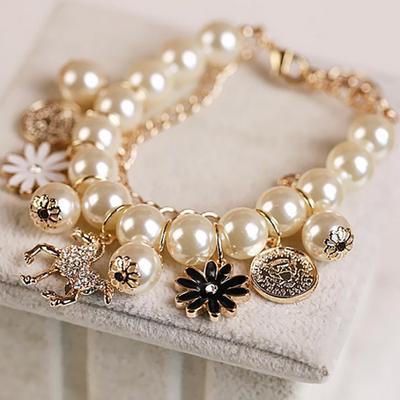 Pulseira feminina com pingente de flor de cavalo, pulseira de festa com pérolas falsas, presente, joias da moda