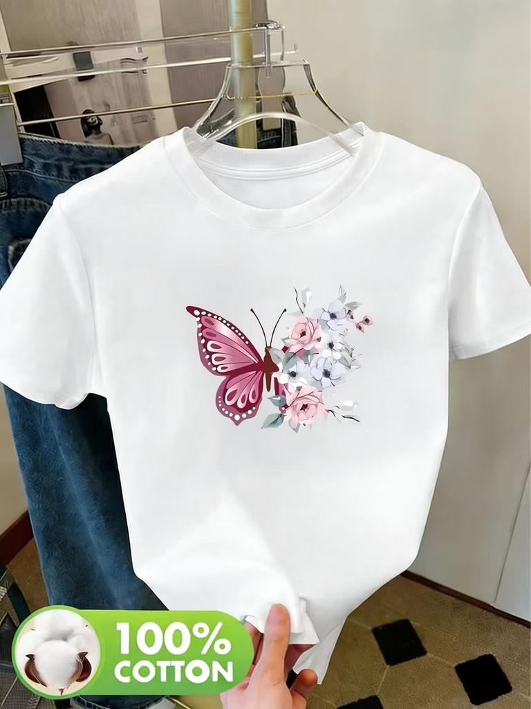 Butterfly with Flower  Women's Retro Floral Print T-Shirt Soft Crew Neck Short Sleeve Top Vintage Shirt Floral Design