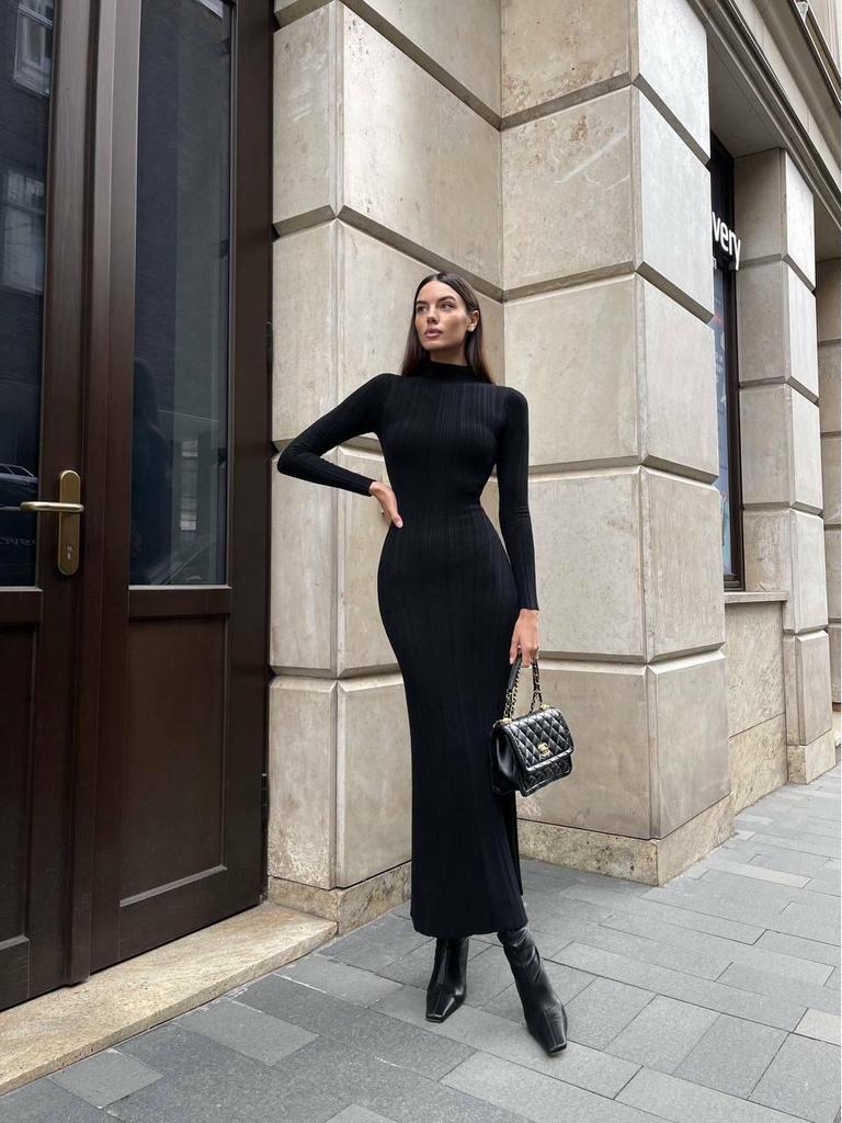 Autumn/Winter High Neck Bodycon Knitted Sweater Dress - European American Style