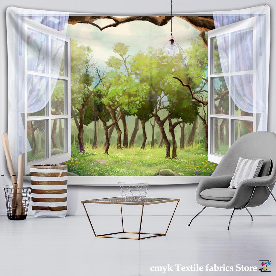 

Лес за окном, пейзаж, гобелен, настенный зеленый, натуральные растения, богемный хиппи, психоделический домашний декор для спальни 95x70CM