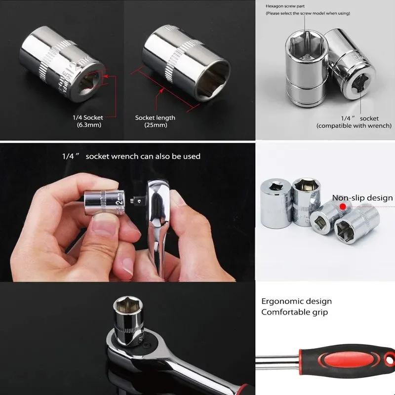 12pcs Socket Ratchet Handle Wrench Set 1/4 3/8 1/2 Spanner Kit With Extension Rod and 10 Common Sockets Car Repair Hand Tools