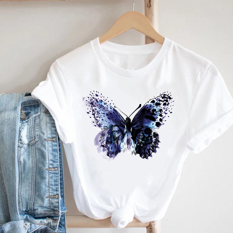 Watercolor Butterfly Tee Top Women Print Summer Fashion T-shirt Elegant Clothing Casual Short Sleeve Lady Female Graphic T-shirt