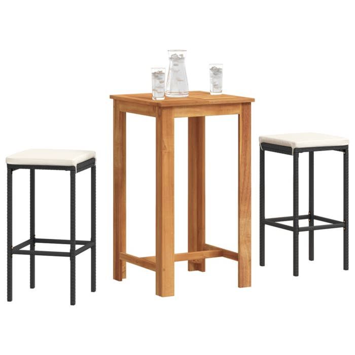 VidaXL Ensemble de bar de jardin 3 pcs noir bois massif acacia rotin, table et chaises de bar d'extérieur, ensemble de 3295267