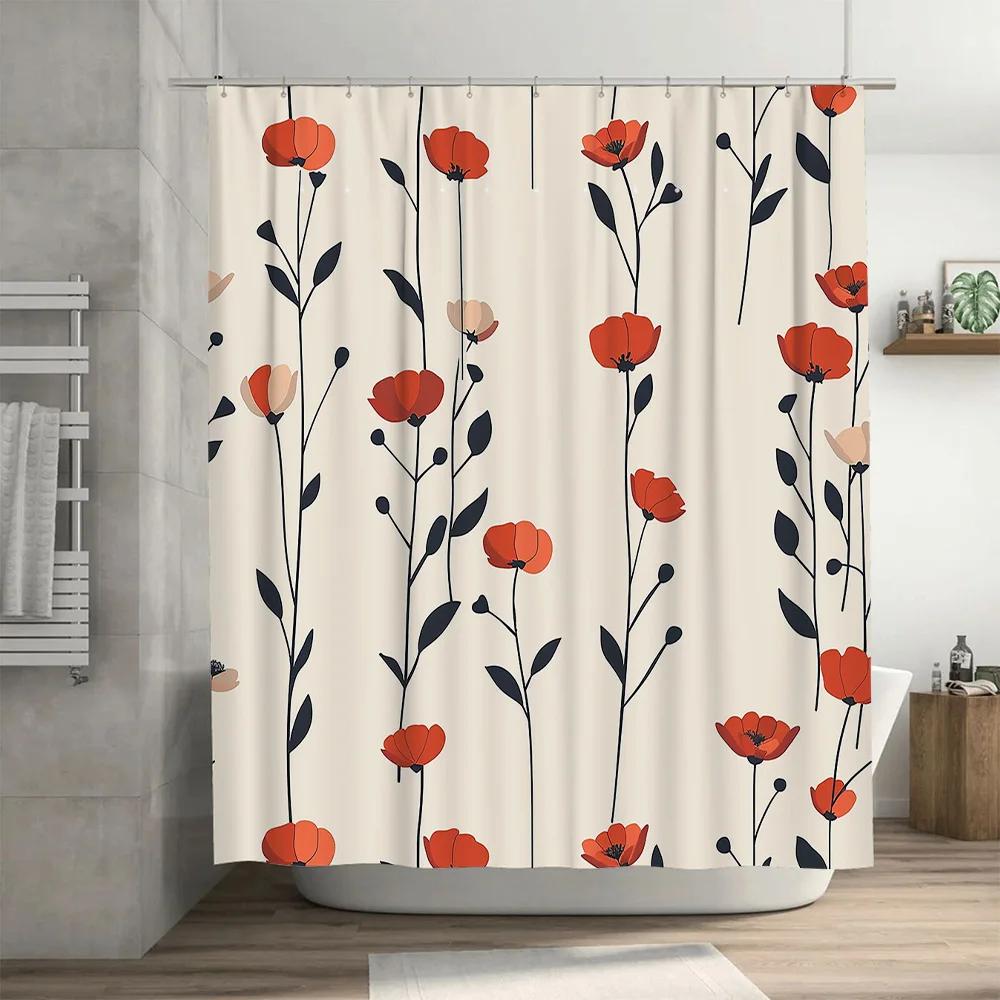 Modern Poppy Shower Curtain Orange Floral Design for Bathroom Decor Waterproof Fabric Bath Rug Set with Hooks.
