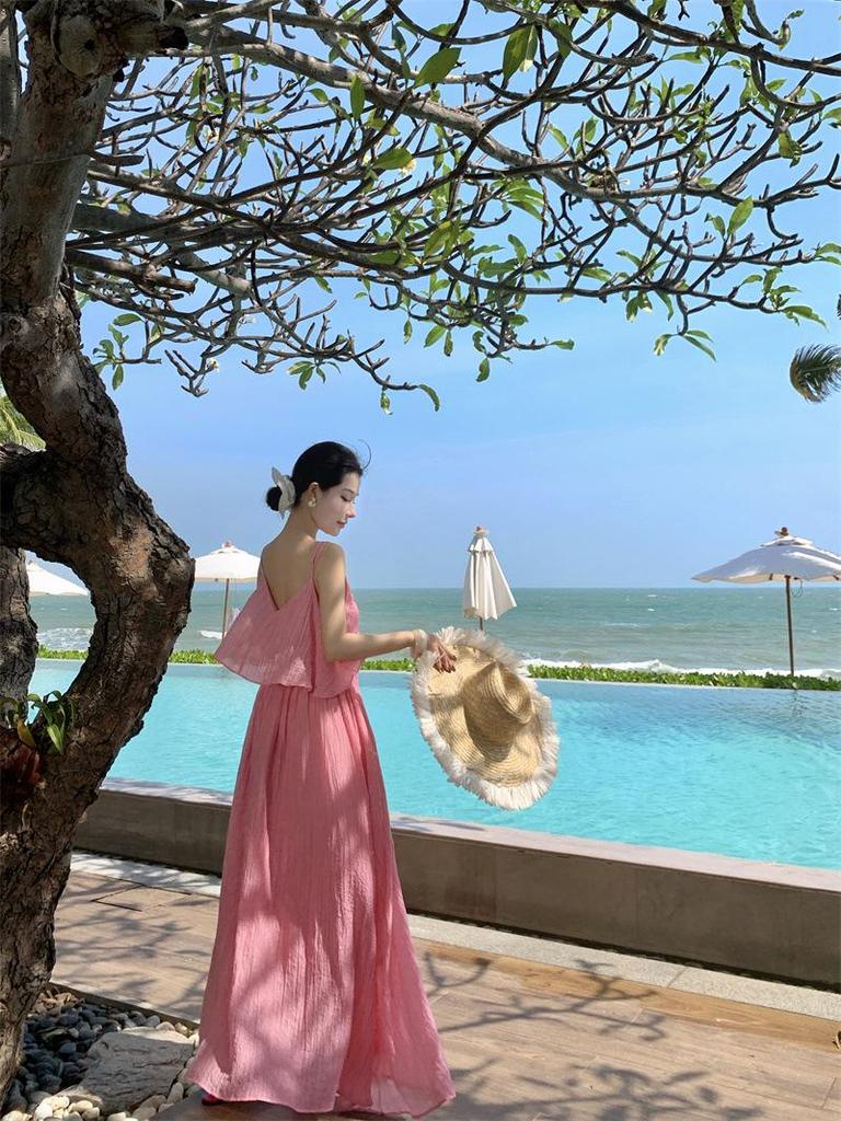 Elegant Sky Blue Backless Maxi Dress for Beach Vacations