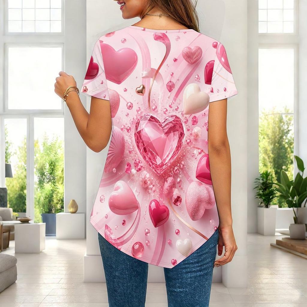 Women Plus Size Short Sleeve Asymmetric Hem Top Pink Crystal Heart Gem Glitter Print Blouse
