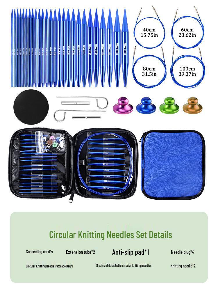 Blue Detachable Circular & Straight Knitting Needle Set with Replaceable Yarn Needles and Rope