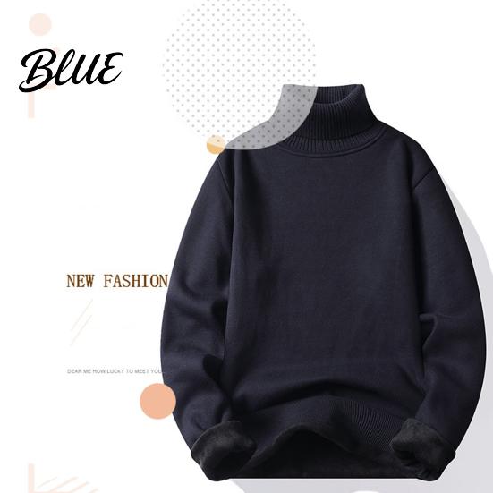 Solid Color Men Slim Fit Long Sleeve Winter Turtleneck Sweater Autumn Tight Plush Fleece Lining