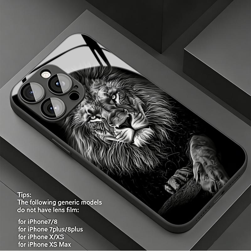 Brave Gray Lion Tempered Glass Phone Case for iPhone 17 Pro Max 16 15 14 Plus 13 12 11 Pro Max 16E 17Air X XR XS 7 8 SE2 Cover