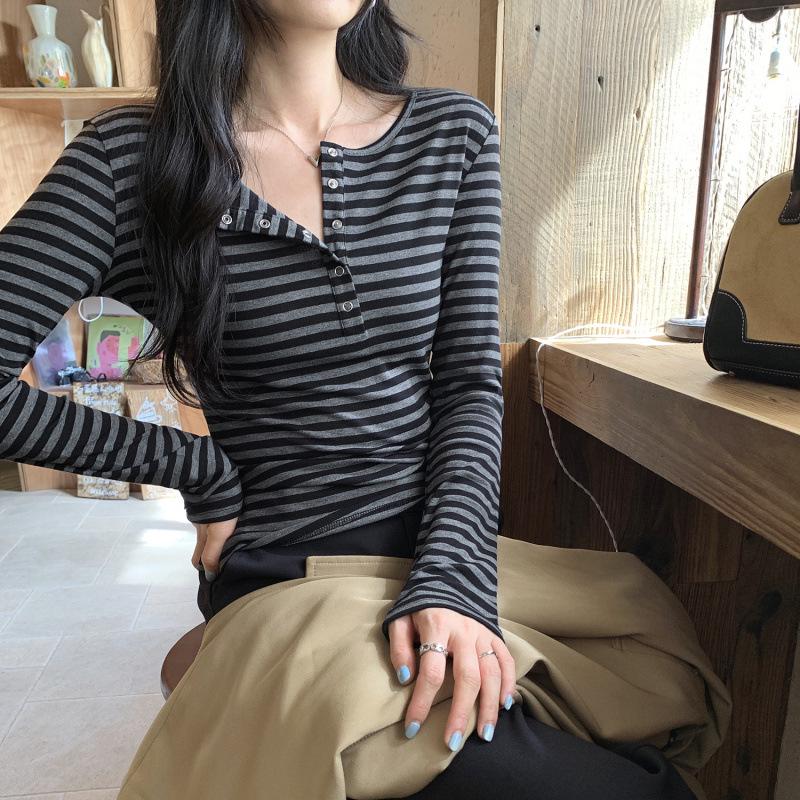 Women s High-End Lyocell Tencel Stripe Henley Neck Slim Fit Long Sleeve Top for Autumn/Winter Small серый