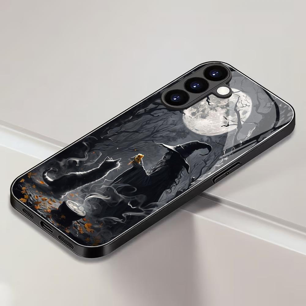 Witch Pumpkin Tempered Glass Phone Case Suitable for Samsung Galaxy S26 S25 S24 S23 S22 S20 FE/Ultra/Plus Anti Drop Back Cover