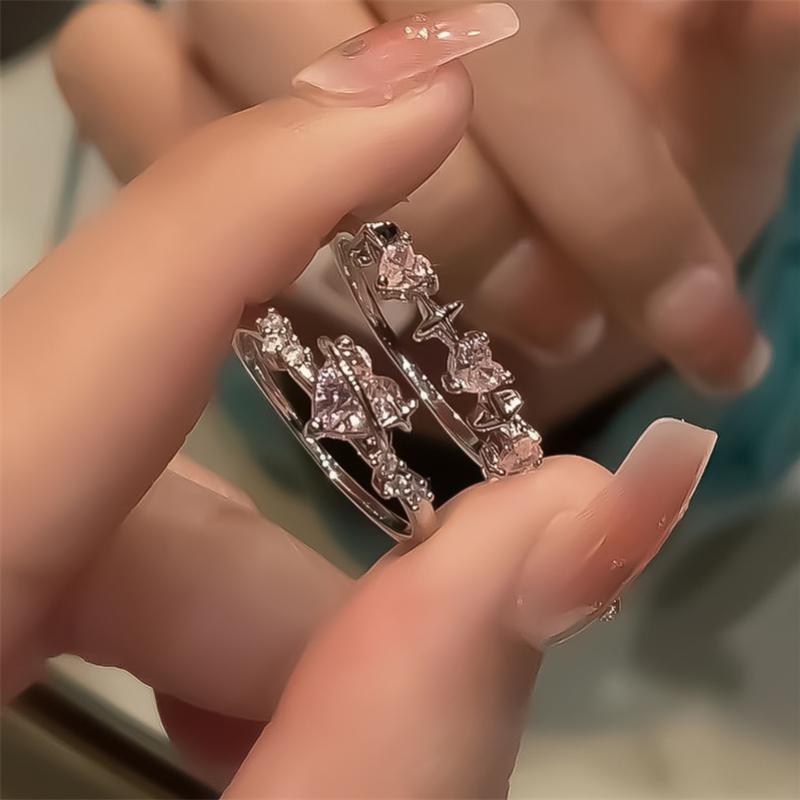 Style Sparkling Pink Zircon Bride Rings for Women Couples Korean Trendy Heart Star Geometric Wedding Party Jewelry