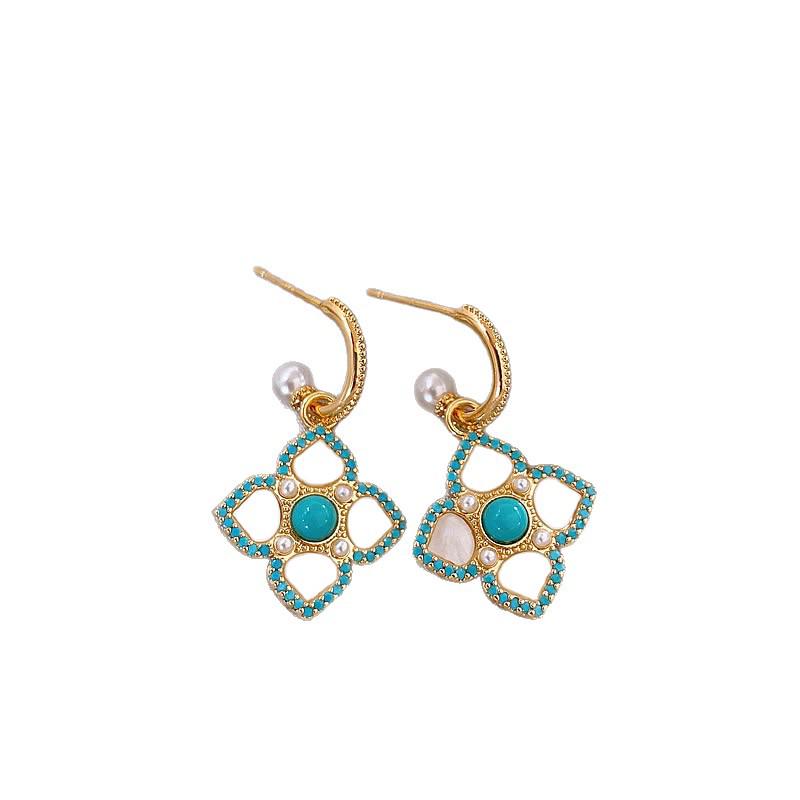 2025 Green Stone Four-Leaf Clover Pearl Stud Earrings - C-Shaped, Light Luxury Niche Design for Women