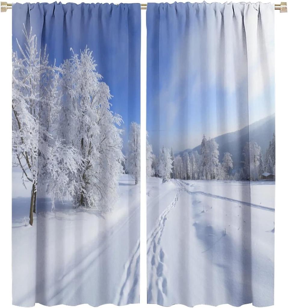 Winter Forest Curtain Natural Landscape Snow Covered Tree Window Curtains Living Room Bedroom Kitchen Office Cafe Blackout Polyester Ideal For Great