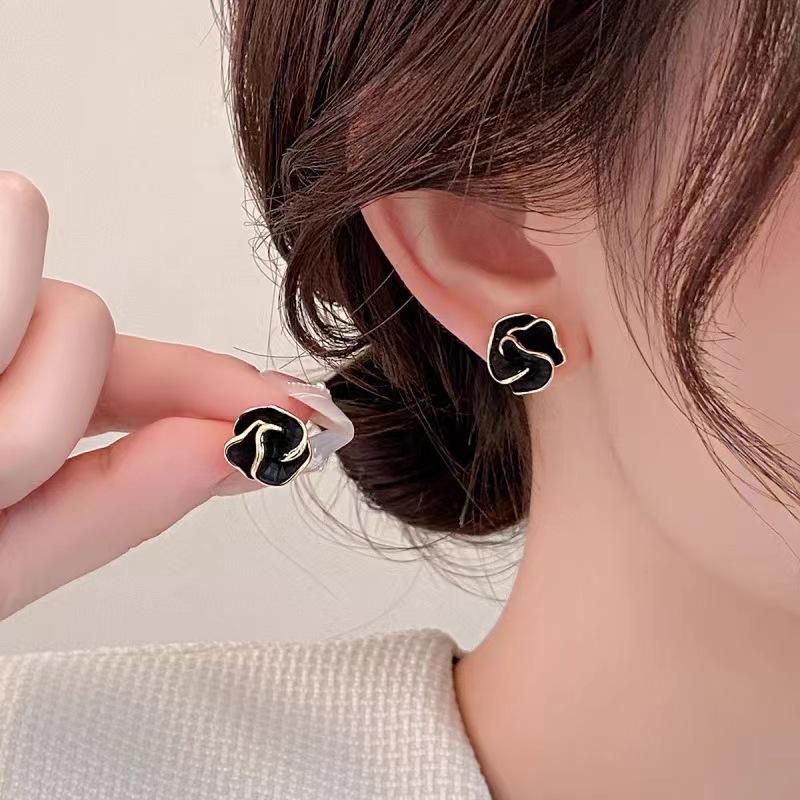 French Drip Glazed Camellia Zircon Earrings Niche Design Simple Exquisite Elegant Temperament Light Luxury High-end Earrings
